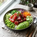 Delicious Tuna Poke Bowl with fresh ingredients and vibrant toppings.