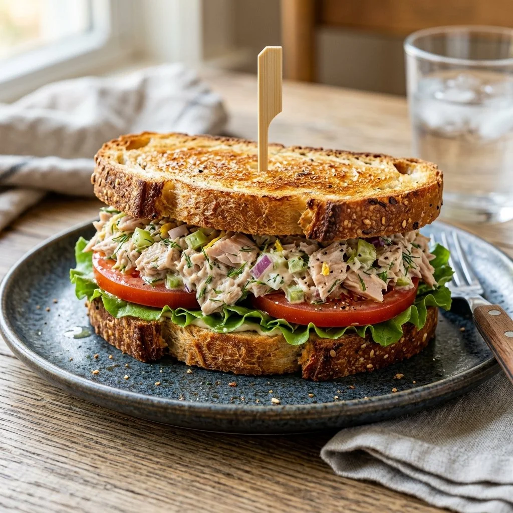 Tuna salad sandwich with fresh ingredients and flavorful dressing.
