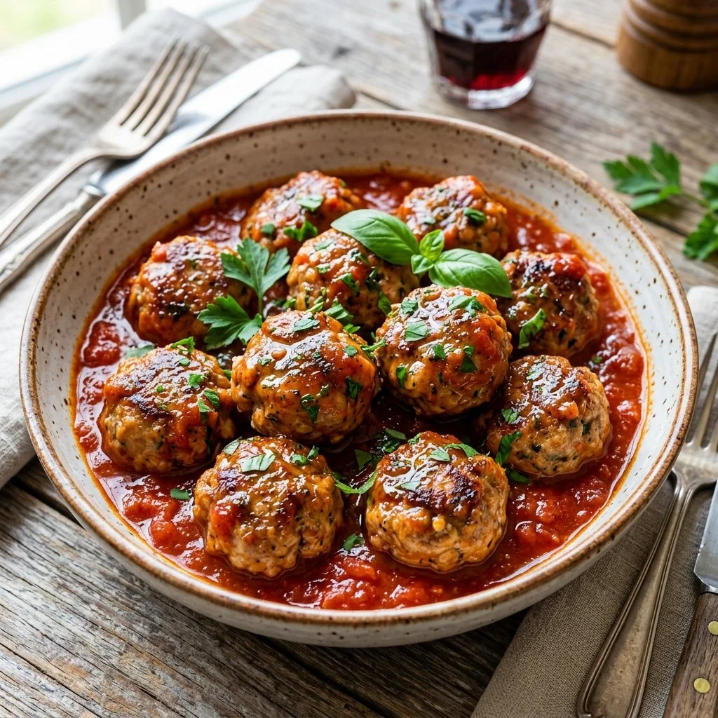 Homemade turkey meatballs on a plate garnished with herbs