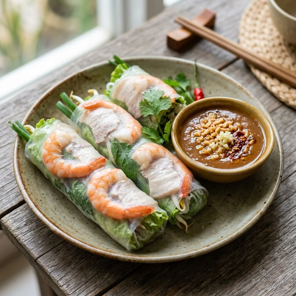 Plate of delicious Vietnamese spring rolls with vibrant fresh ingredients.
