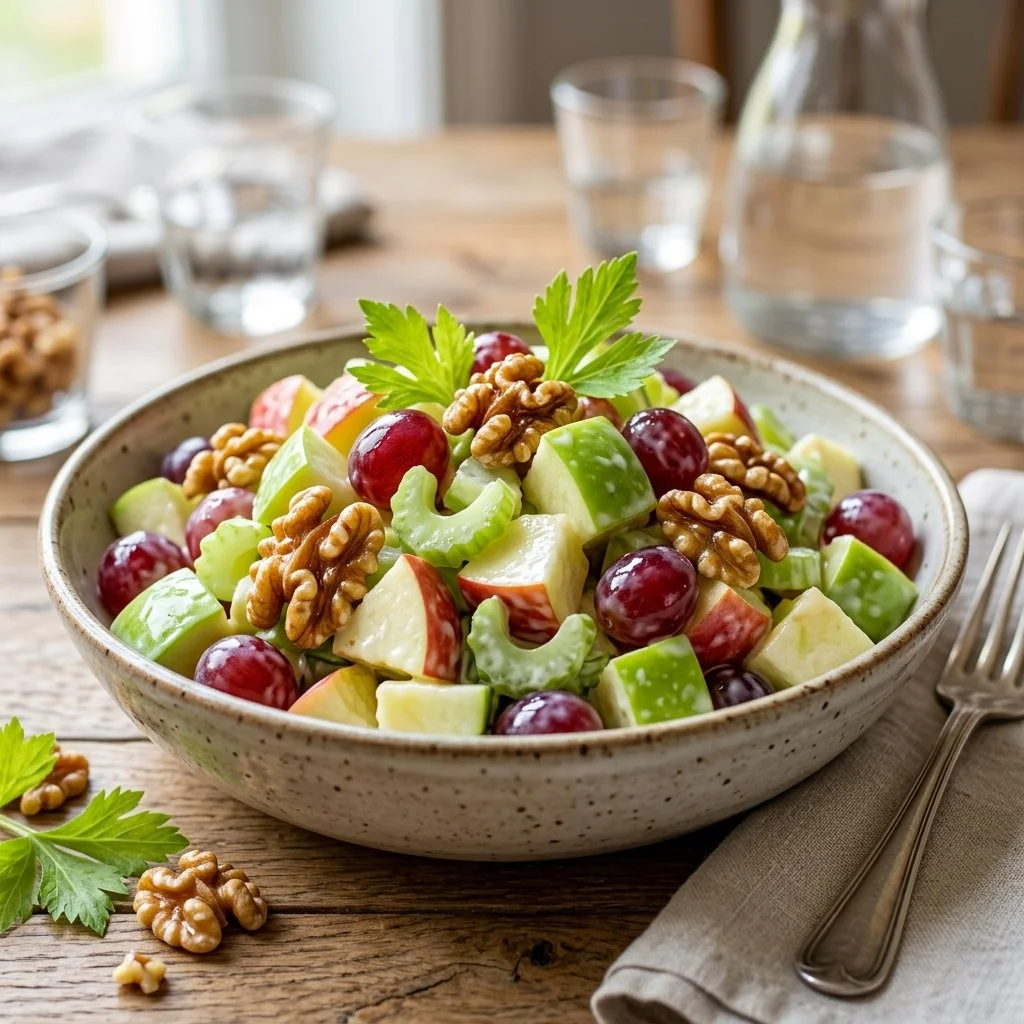 Fresh Waldorf Salad with apples, walnuts, and grapes in a creamy dressing