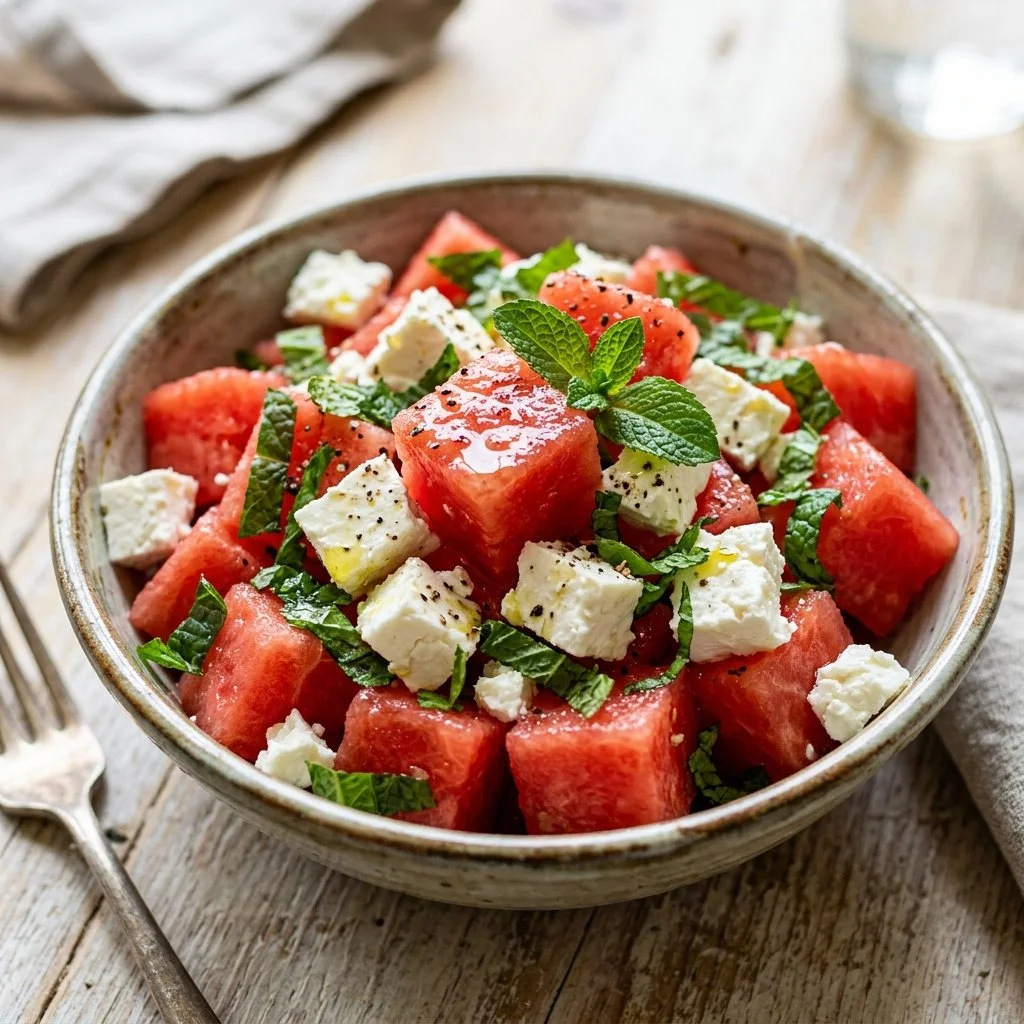 Delicious Watermelon Feta Salad with fresh mint and balsamic glaze.