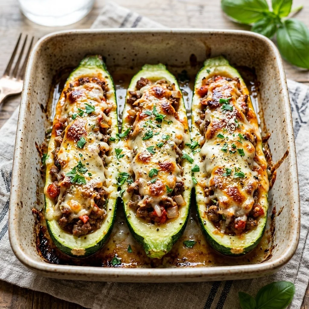 Stuffed zucchini boats with vegetables and cheese, a healthy meal option.