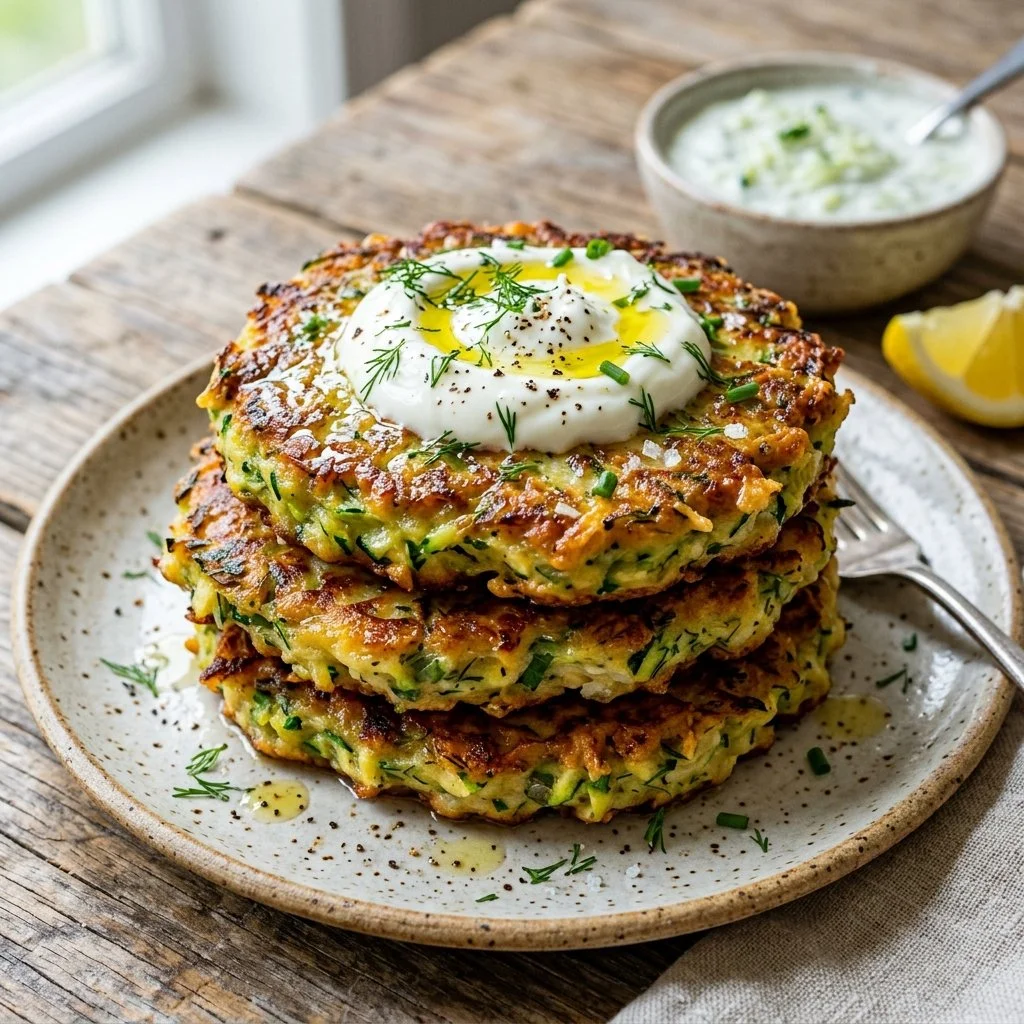 Crispy and golden zucchini fritters served on a plate
